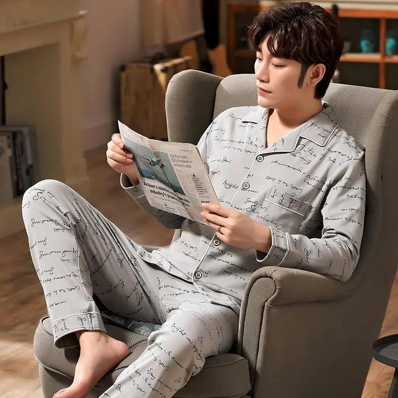 Men's Pajamas Set Turn-down Collar Sleepwear Suit Long Sleeve Pyjamas Casual Loose Home Wear Autumn Winter Clothes Tops and Pants Sets