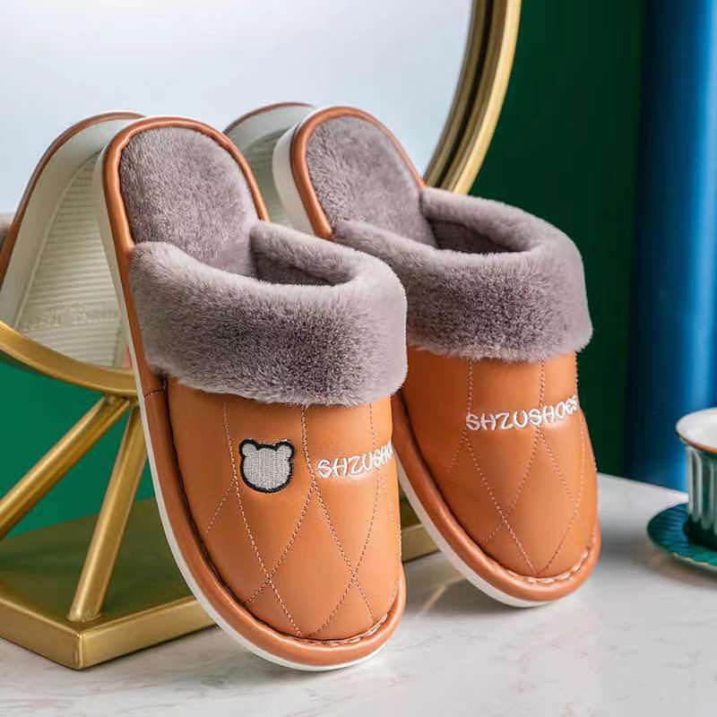 Winter Couple Cotton Slippers Household PU Leather Warm Shoes Waterproof Non-slip Plush Slippers