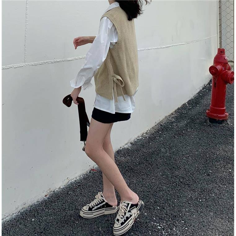 College Style Sweater Vest Women's Round Neck Loose Side Lace Up Knitted Sweater Vest