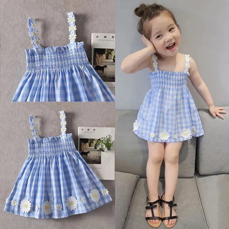 Children Dress Girls' Summer Thin Dress Suspender Dress Plaid Off Shoulder Chrysanthemum Princess Dress Ruffle