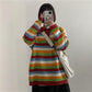 Autumn and Winter College Style Color Stripes Student Loose Mid-length Coat Sweater Women