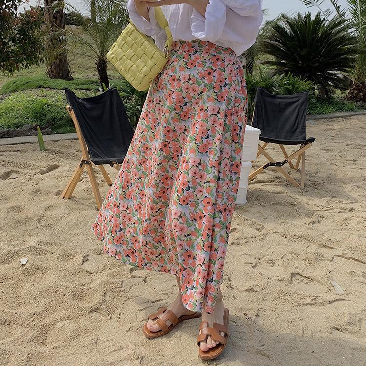 Female Floral Print Mid Length High Waist A-line Little Fresh Skirt Slim Vintage Elegant Holiday Skirt