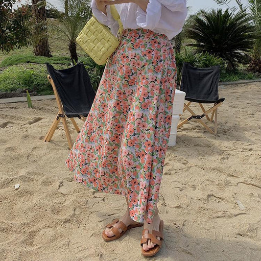Female Floral Print Mid Length High Waist A-line Little Fresh Skirt Slim Vintage Elegant Holiday Skirt