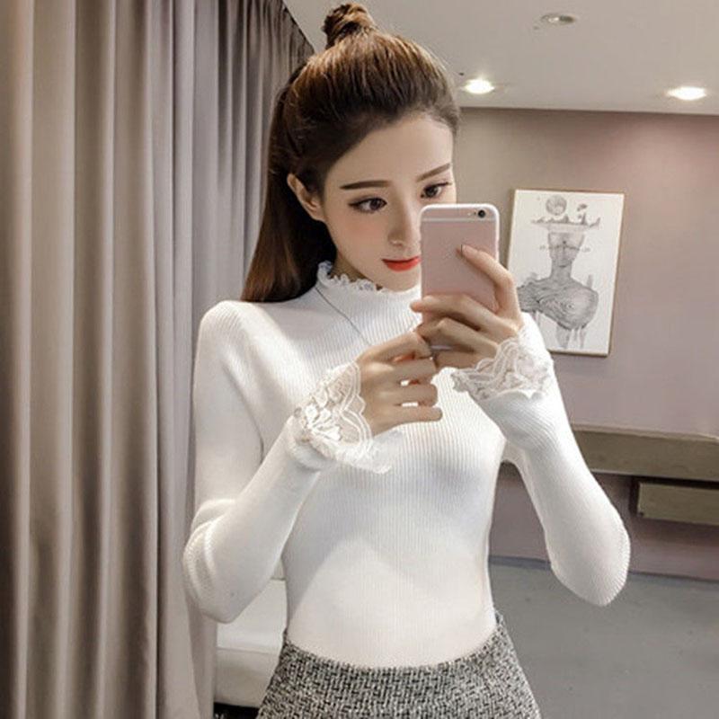 Autumn and Winter Slim-fit Sweater with Lace Trim and Thin Pullover Jacket Fashion Casual Young Women's Top