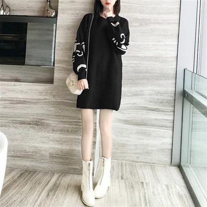 Autumn and Winter Fashion Casual Jacket Mid-length Long-sleeved Dress Slim Round Neck Sweater