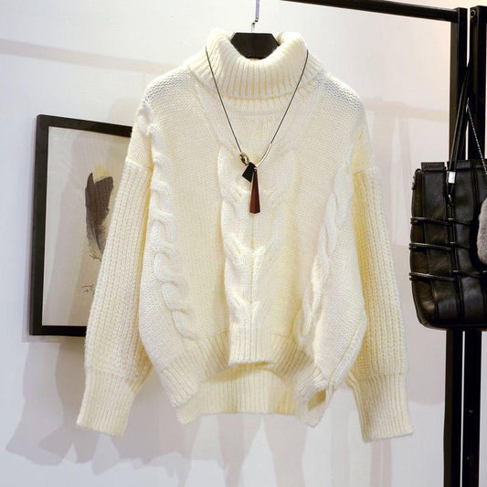 Inside wearing a warm winter jacket large size thick sweater female loose high collar knit sweater