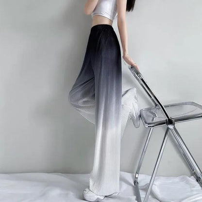 Gradient Color Ice Silk Wide-leg Pants Women's High-waisted Slim Drape Loose Straight Casual Pants Summer Printed Trousers