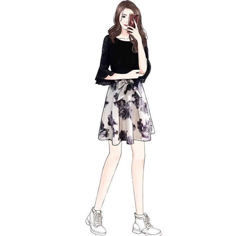 Plus Size Dress Women Fake Two-piece Skirt Dress Summer Loose Half  Sleeve Printed Dress