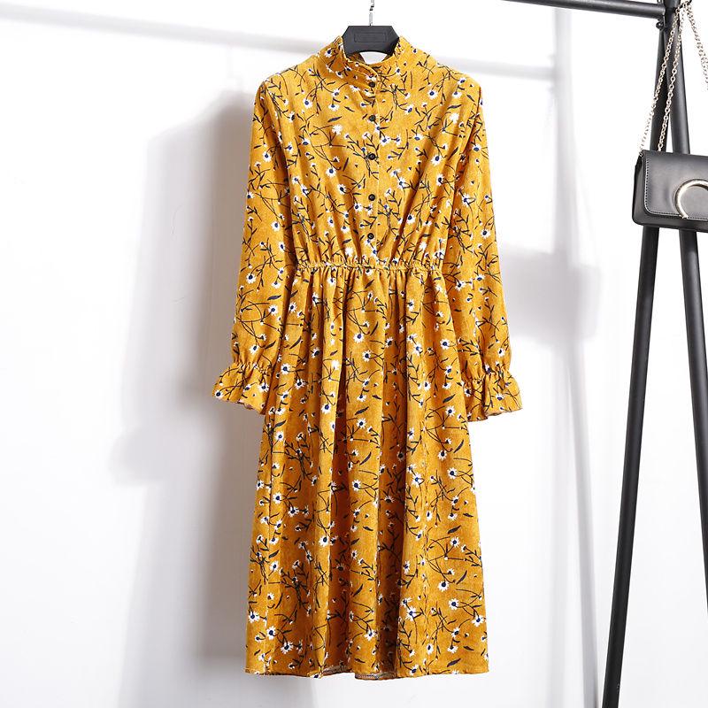 Autumn and winter stand collar floral dress long sleeves in the long section was thin floral skirt