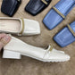British Style Retro Shallow Mouth Low-heeled Shoes Women's Square Toe Metal Chain Thick Heel Leather Shoes Loafers Work Shoes
