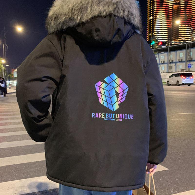 Rubik's Cube Reflective Cotton Coat Male Fur Collar Korean Style Loose Bread Coat Winter Student Handsome Padded Coat
