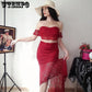 Sexy Women Off Shoulder Tassle Patchwork Crop Top Skirt Suit Laides Cocktail Party Bodycon Dress