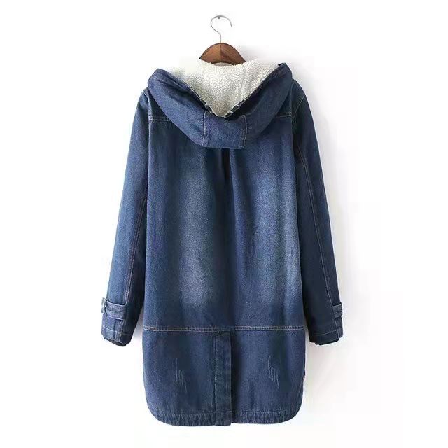 Winter Korean Version of Loose Plus Velvet Thick Denim Jacket Female Lamb Hair Mid-length Winter Warm Hooded Cotton Coat
