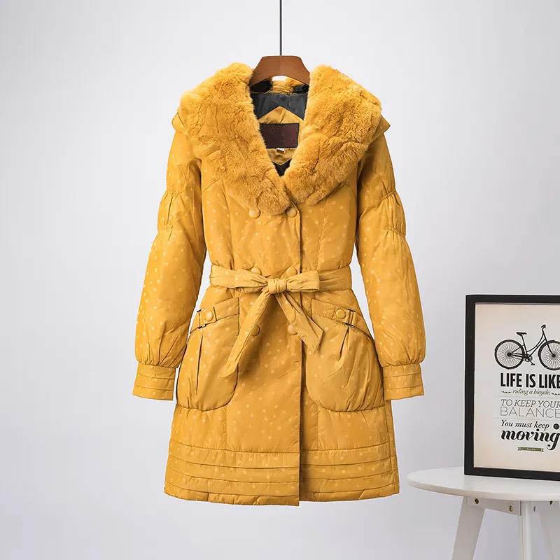 Real Rex Rabbit Fur Collar Hooded Mid-length Down Jacket Women Fashion Slim Belt White Duck Down Winter Jacket