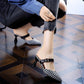 Spring/Summer Houndstooth Pointed Toe Shoes Wine Glass Heel Belt Buckle Slippers Female Korean Mid-heel Single Shoes