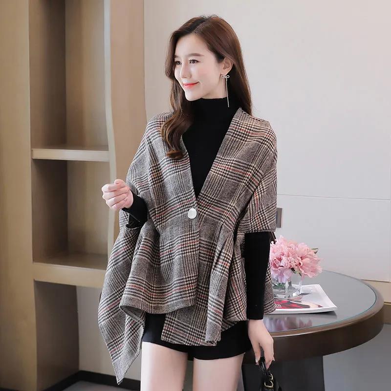 Plaid Shawl Cloak Spring and Autumn Women's Double-sided Woolen Coat British Style Retro Temperament Asymmetric