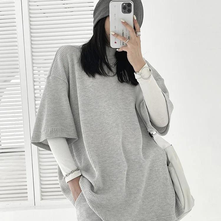2PCS Waffle Sports and Leisure Suit Women's Autumn Large Size Loose Long-sleeved Sweater + Shorts Two-piece Suit Girls Athletic Jogging Clothing