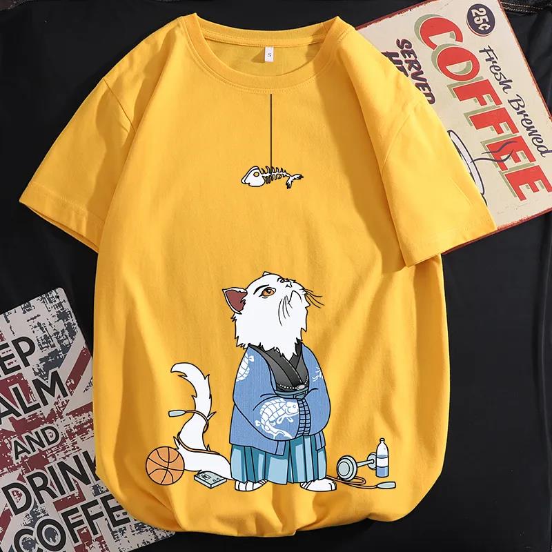 Oversized T-shirts Summer Cartoon Cat Print Shirt Japanese Trendy O-neck Short Sleeve Casual Pullover Men Graphic Clothing