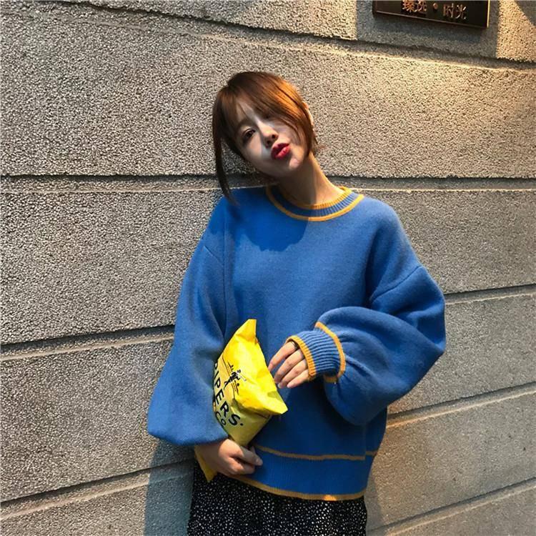 Pofulove Long-sleeved Sweater Female Lantern Sleeve Korean Loose Was Thin Sweater Coat Autumn Winter
