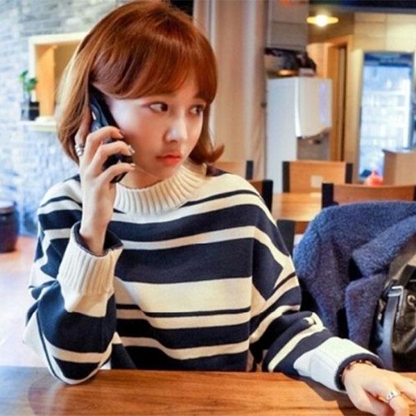 College Style Loose Striped Sweater Top Turtleneck Sweater Female Student Short