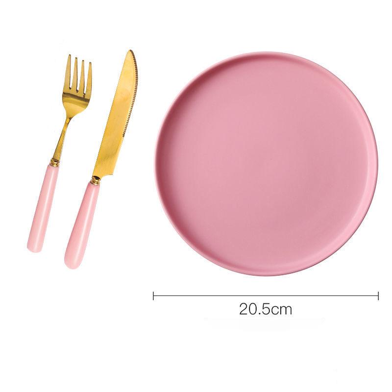 Nordic Ins Wind Color Glaze Tableware Household Steak Plate Dish Net Red Ceramic Simple Creative Western Food Disc Knife and Fork