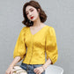 Women's Spring and Autumn Shirt V-neck Loose Solid Color Short Top