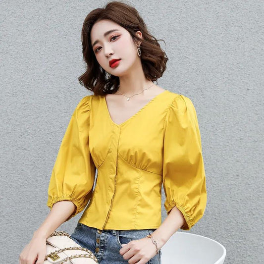 Women's Spring and Autumn Shirt V-neck Loose Solid Color Short Top