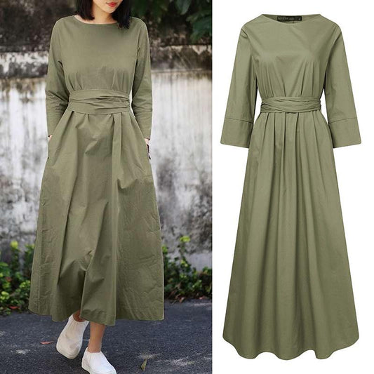 Women‘s Long Dress Women Round Neck Belted Solid Color Long Sleeve Long Dress Plus Size Dress Korean Style