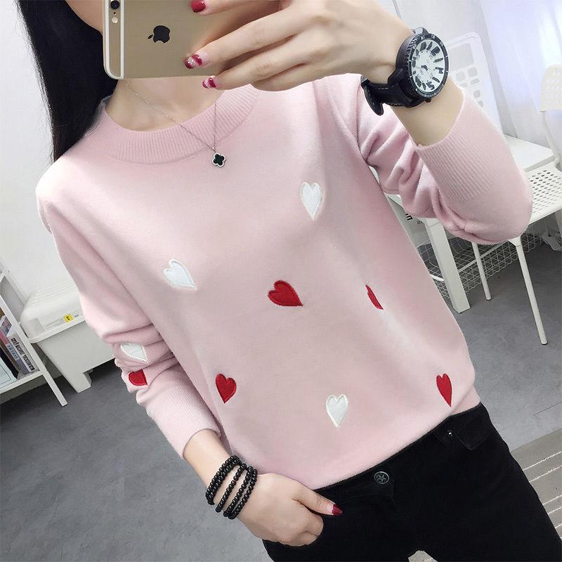 Pofulove Women Knitted Turtleneck Sweater Solid  Embroidered Heart Streetwear Pullovers  Female Tops
