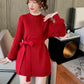 Autumn and Winter Korean Mid-length Red Knitted Sweater Women's Waist Lace Fake Two-piece Blouse