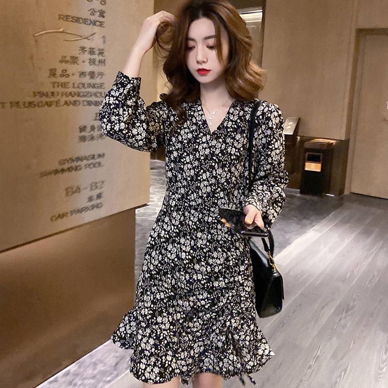 Ruffled Mini Vintage Print Irregular Dress Lantern Sleeve Elegant Chiffon Dress Slim Streetwear