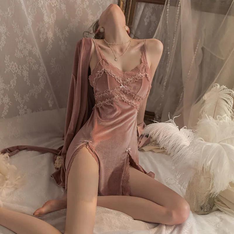 Women's Autumn Winter Sexy Pajamas Sest Gold Velvet Suspender Nightdress Robe High-quality Lace Slit Nightgowns Casual Solid Color Homewear