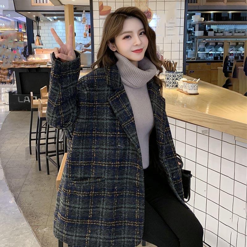 Cotton Woolen Plaid Coat Women's Mid-length Spring Loose Woolen Coat