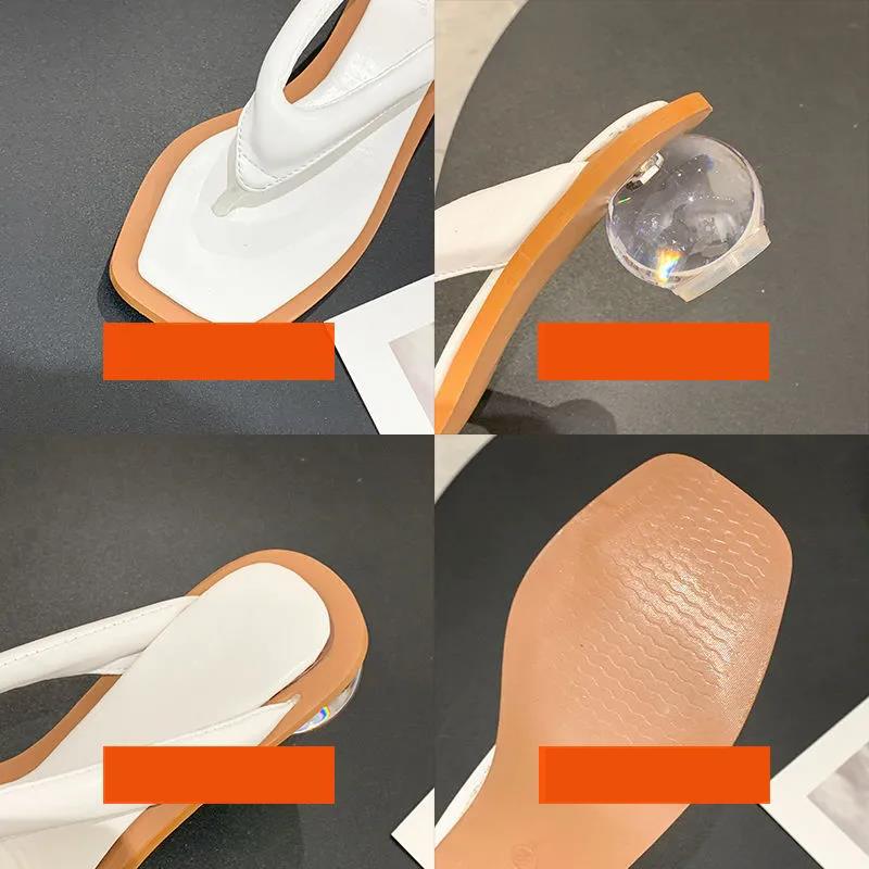 Square-toed Sandals and Slippers Women's Summer Outer Wear Transparent Crystal Medium Thick-heeled Flip-flops Ladies Temperament Sandals and Slippers