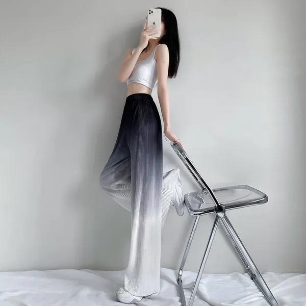 Show Leg Length Gradient Color Ice Silk Wide-leg Pants Women's High Waist Show Thin Drape Loose Straight Casual Pants Loose Jogging Trousers