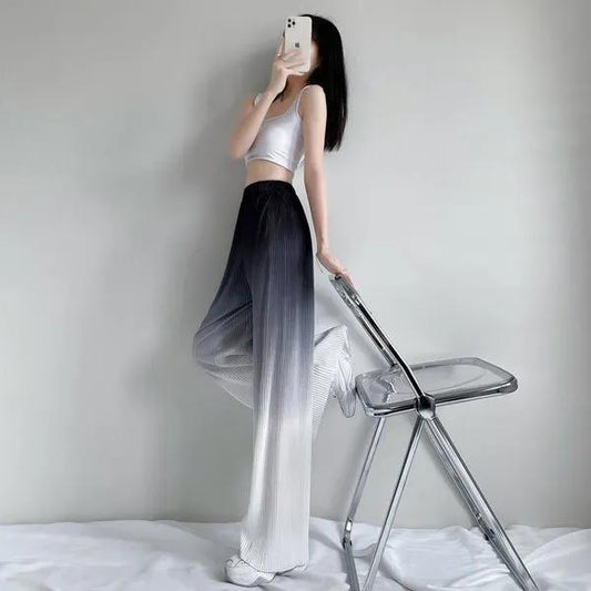 Show Leg Length Gradient Color Ice Silk Wide-leg Pants Women's High Waist Show Thin Drape Loose Straight Casual Pants Loose Jogging Trousers