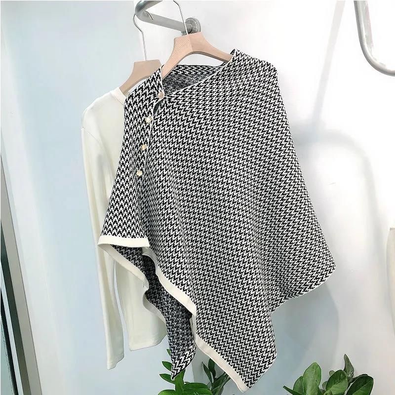 Ladies Shawl Cloak Scarf Autumn Winter Dual-use Irregular Striped Printting Scarf Shawl Korean Style All Match Buttons Keep Warm