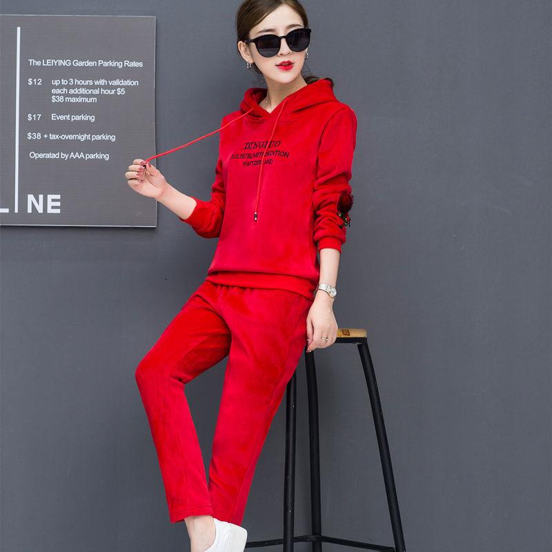 Casual Sports Suit Women's Long-sleeved Plus Velvet Padded Hoodie Women's Gold Velvet Two-piece Warmth Soft and Comfortable Ladies Casual Suit