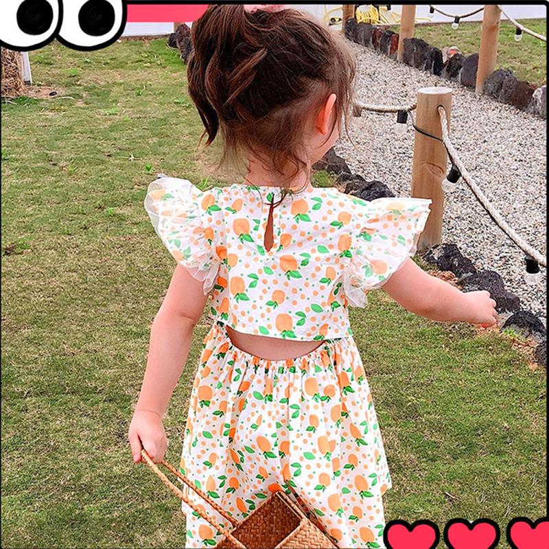 Girl's Back Hollow Out Dress Orange Skirt Children's Sleeveless Skirt Button Korean Baby Broken Flower Princess Skirt