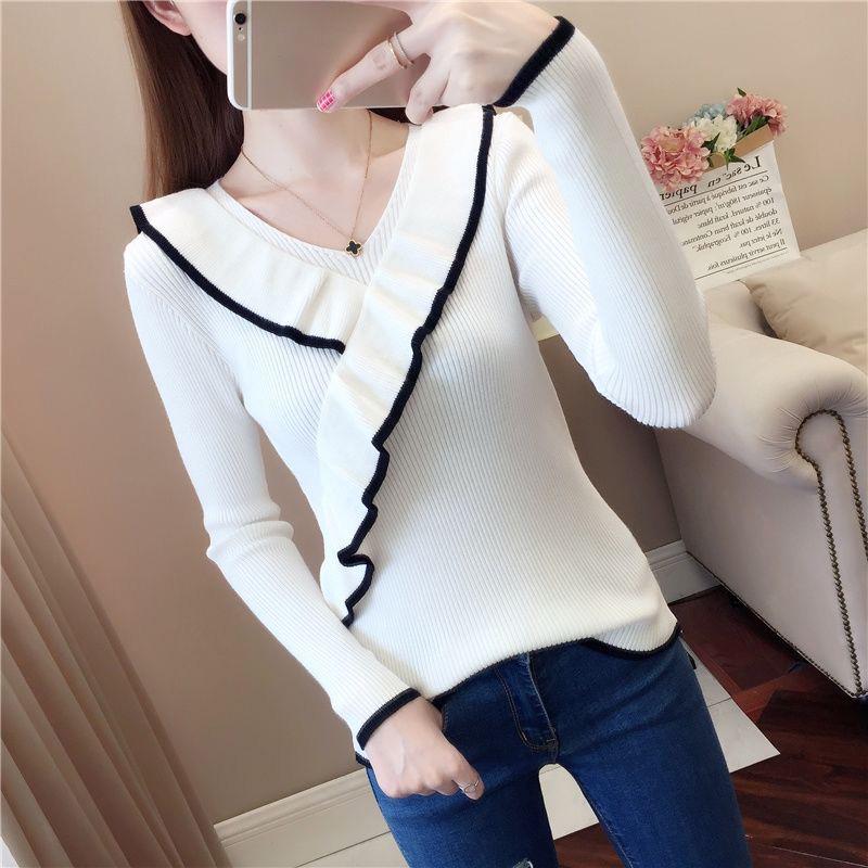 V-neck Long-sleeved Knit Top Slim All-match Bottoming Shirt Color Matching Short Sweater Ladies