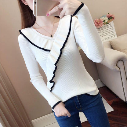 V-neck Long-sleeved Knit Top Slim All-match Bottoming Shirt Color Matching Short Sweater Ladies