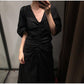 Elegant Chic Summer Drawstring V-Neck Women Pleated Retro Solid Short Sleeve Sexy Ladies Long Dress