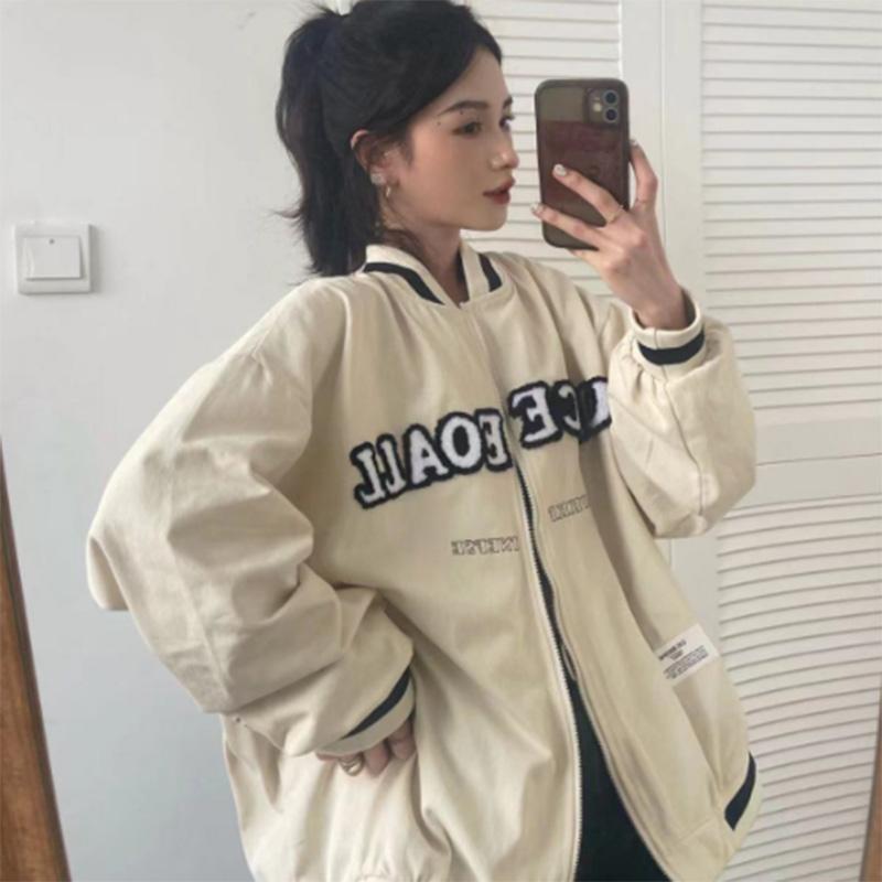 Baseball Uniform Jacket Women's Spring and Autumn Solid Color Outer Wear Casual Sports Loose Salt Fried Street Jacket Tide