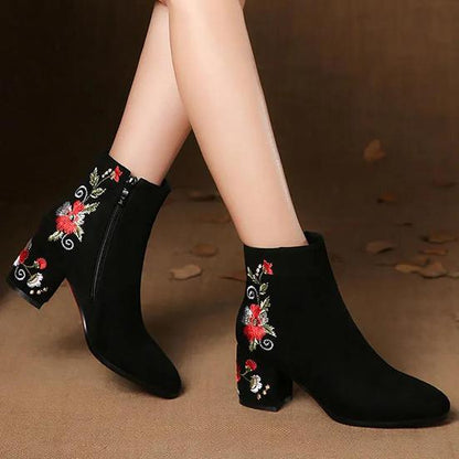 Women's Winter Frosted Coarse Heel Plush Short Boots Large Soft Bottom Embroidered High-heeled Cotton Shoes