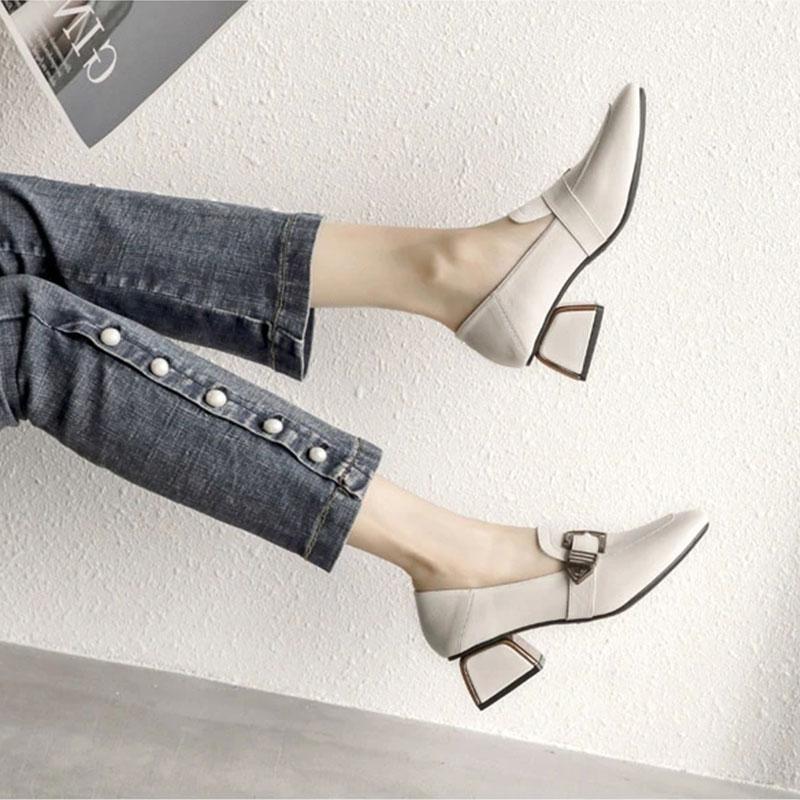 Soft Surface Comfortable Real Cowhide Thick Mid-heel Work Shoes Casual Shoes Single Shoes Women's Square Toe English Small Leather Shoes