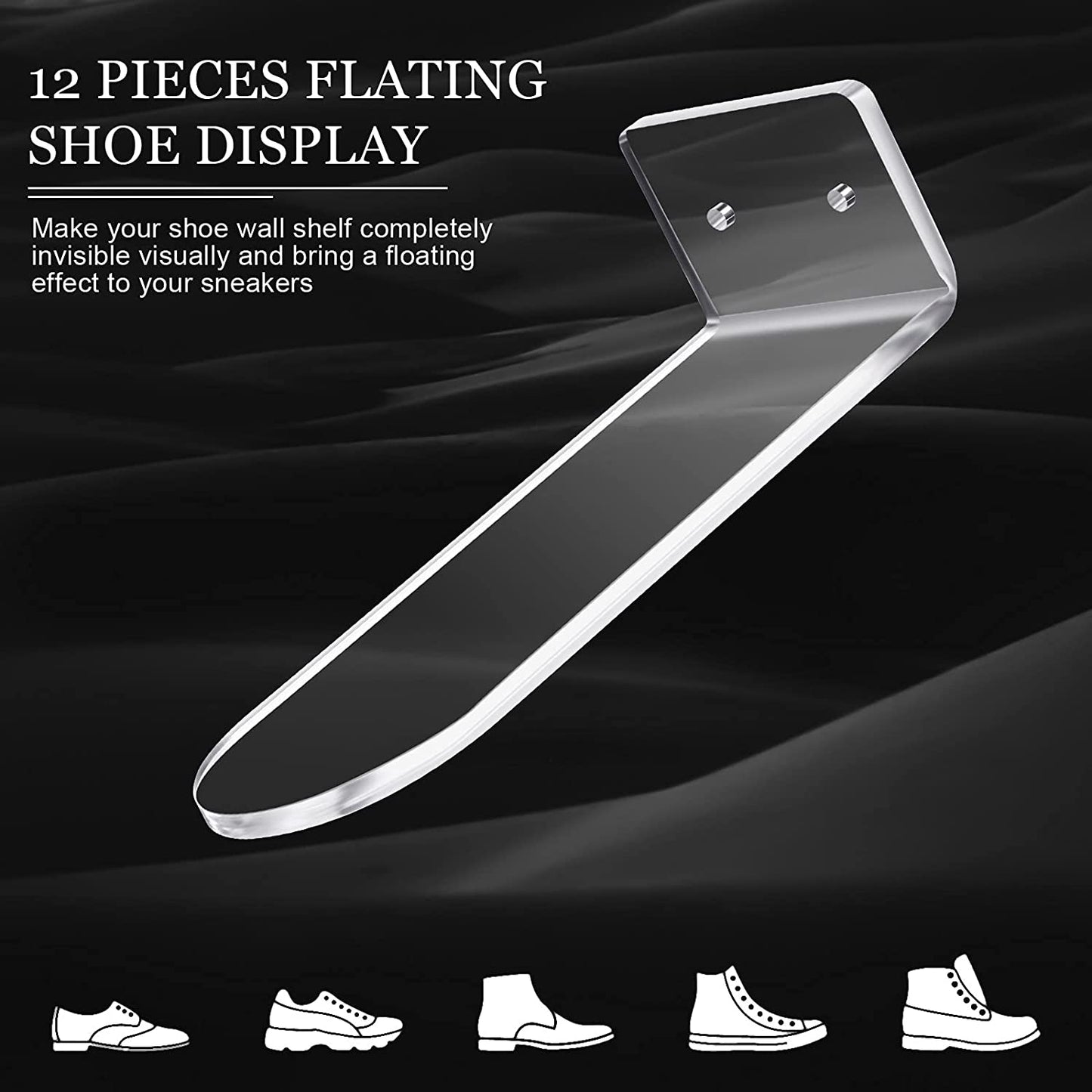 12-Piece Floating Shoe Display Stand for Wall Mount Including Acrylic Floating Sneaker Stand Shoe Rack with Phillips Screws, Extension Tube and Tape