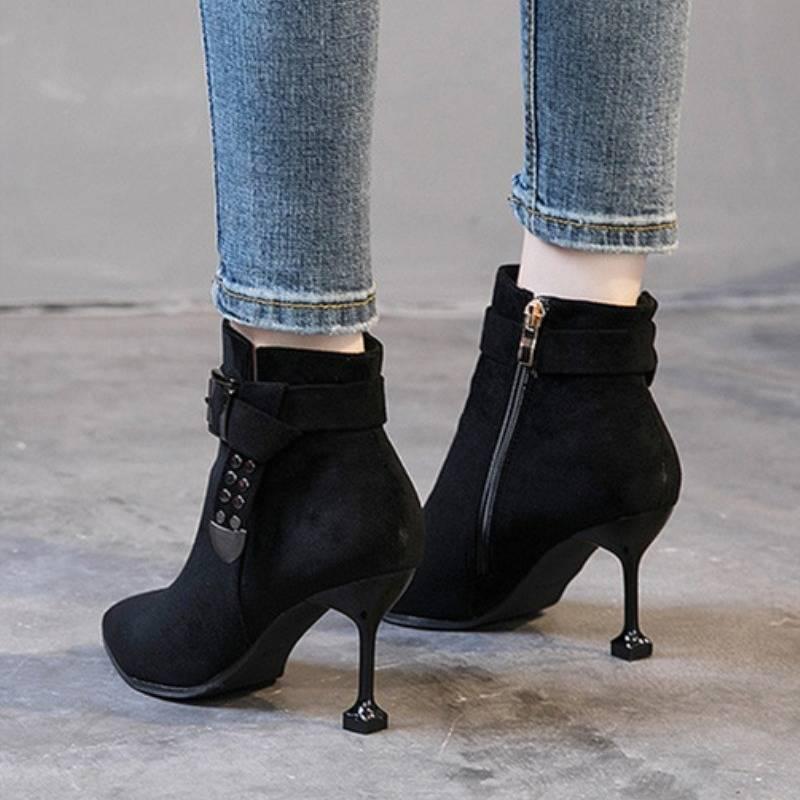 Autumn and Winter Ladies Pointed Toe High Heel Boots Flannel Upper Non-slip Wear-resistant Sole