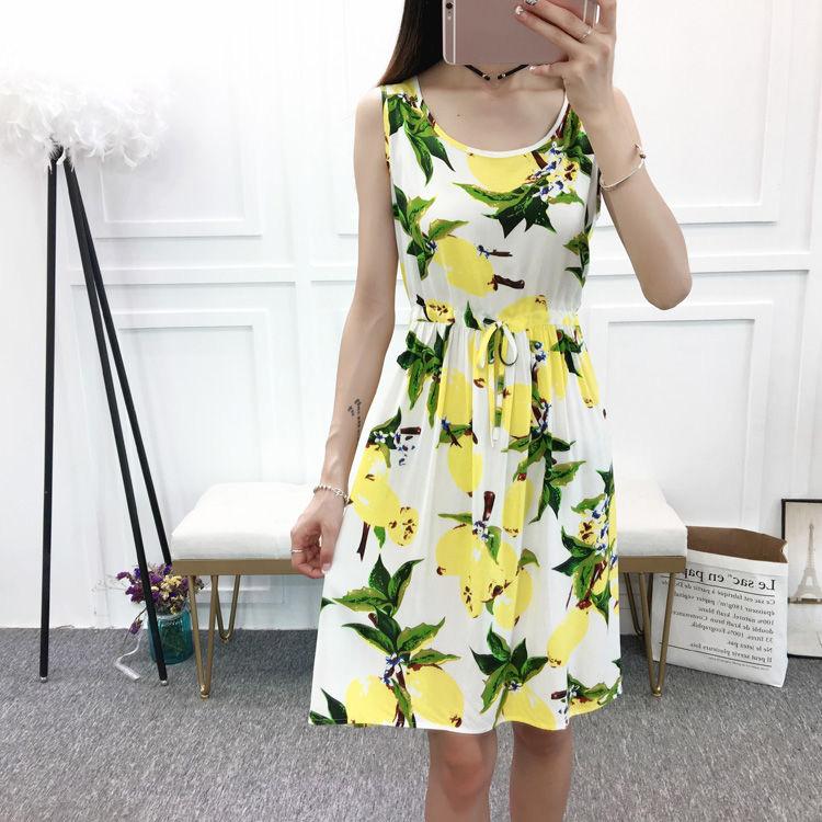 Mid-length Print  Women A-line Dress Summer Sleeveless Round Neck Elastic Waist Floral Large Size Skirt