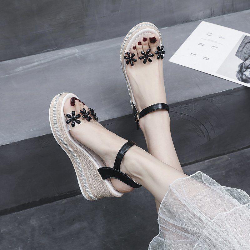 Women's Sandals Super High-heeled Wedge with Open Toe Flower Platform Sandals Waterproof Platform All-match Buckle Women's Shoes