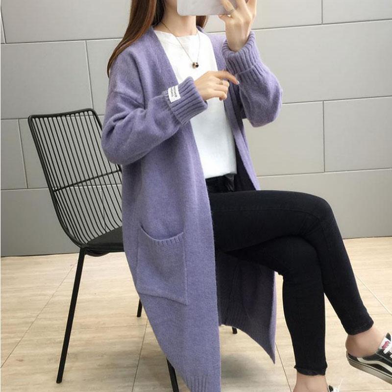 Spring and Autumn Casual Thick Sweater Mid-length Knitted Cardigan Jacket Pure Color Simple Female Top